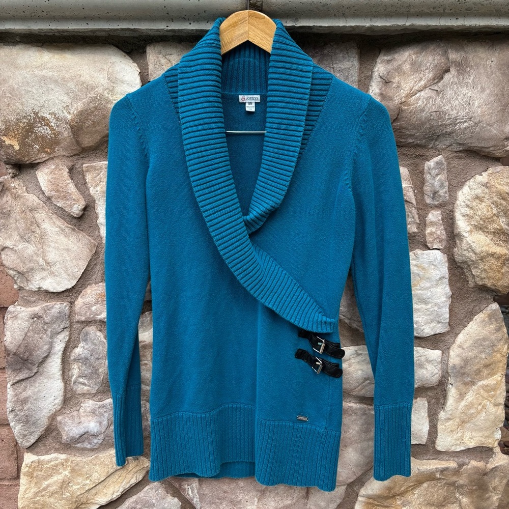 Vintage Guess Long Sleeve Sweater Cowl Neck Teal Knit Medium Fitted Y2K 90s